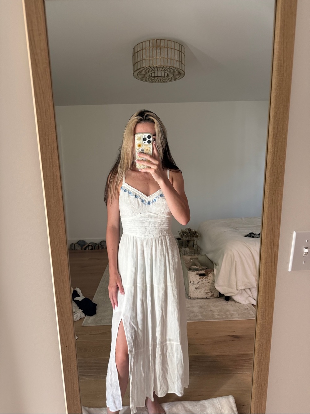 White Hollister Maxi Sundress with Blue Embroidered Trim leg slit S